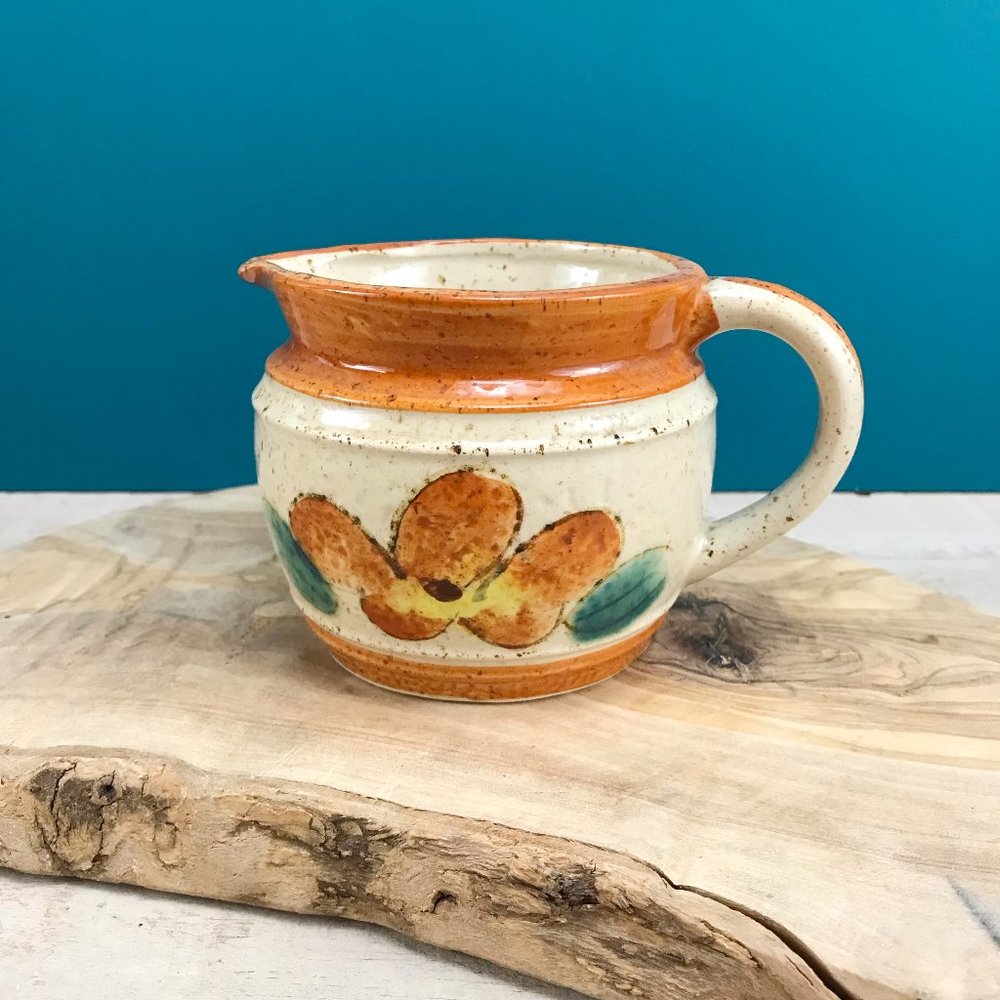 VTG CMC Japan Stoneware Pottery Creamer Pitcher 8 oz Floral Mid-Century Boho